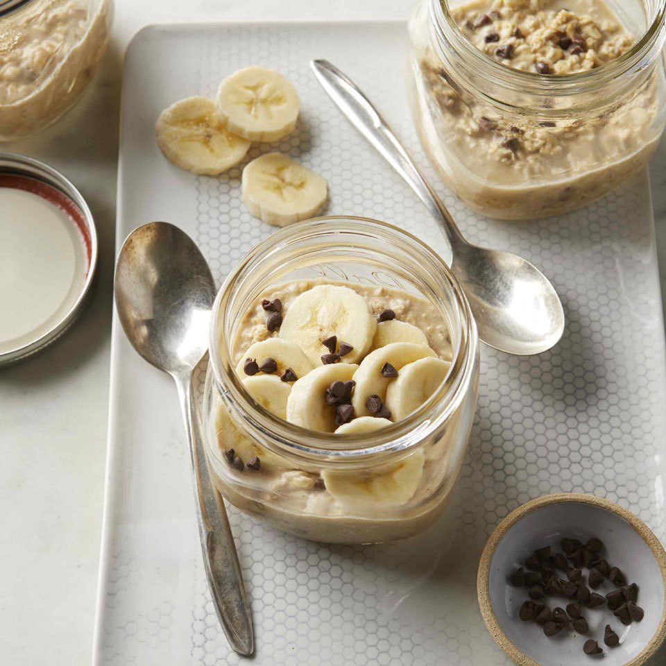 Peanut Butter-Chocolate Chip Overnight Oats with Banana