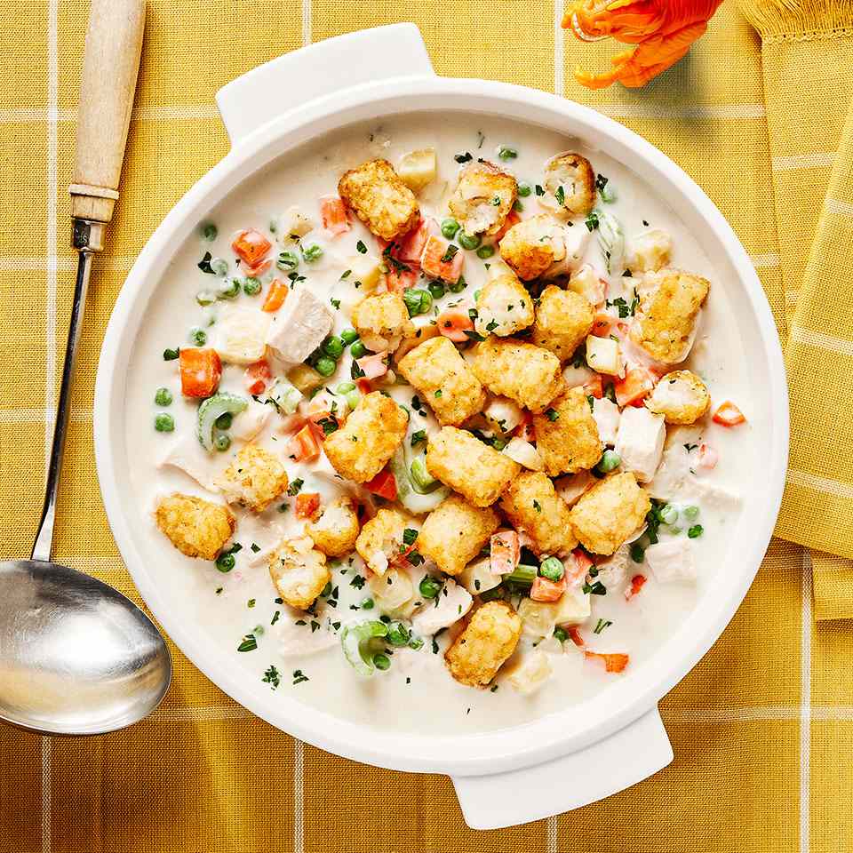 Chicken Potpie Soup with Tater Tot Topping 