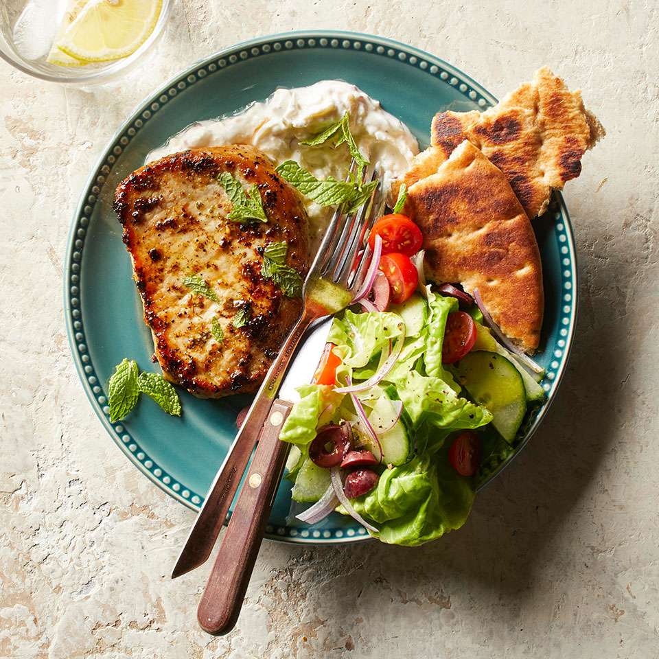 Souvlaki-Style Pork Chops with Celeriac-Apple Tzatziki