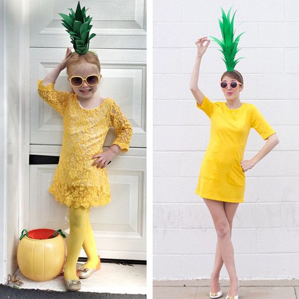 Girl and women in DIY pineapple Halloween costumes