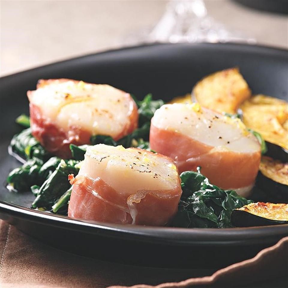 Prosciutto-Wrapped Scallops with Spinach