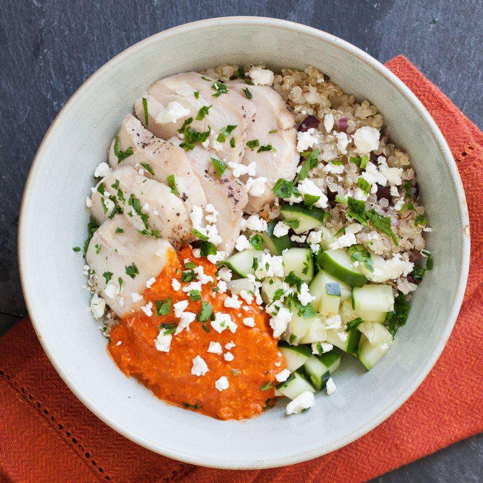 Chicken Quinoa Bowl with Olives & Cucumber