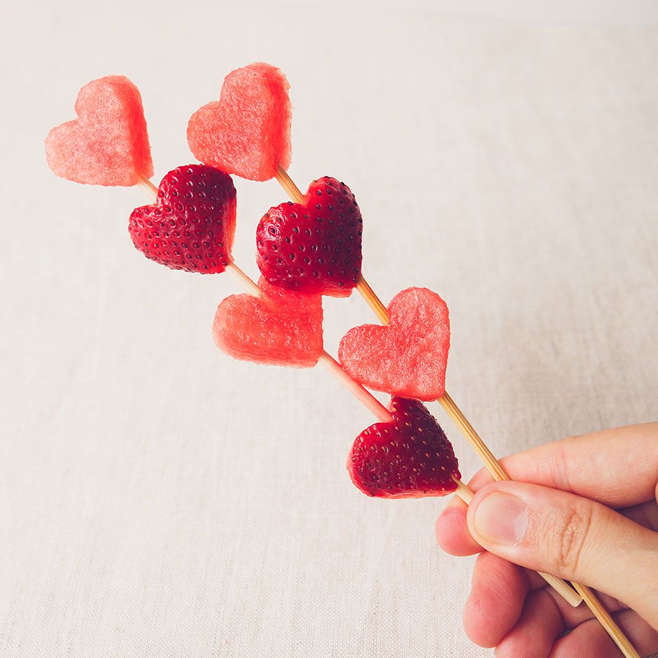 heart shaped watermelon and strawberries on a skewer