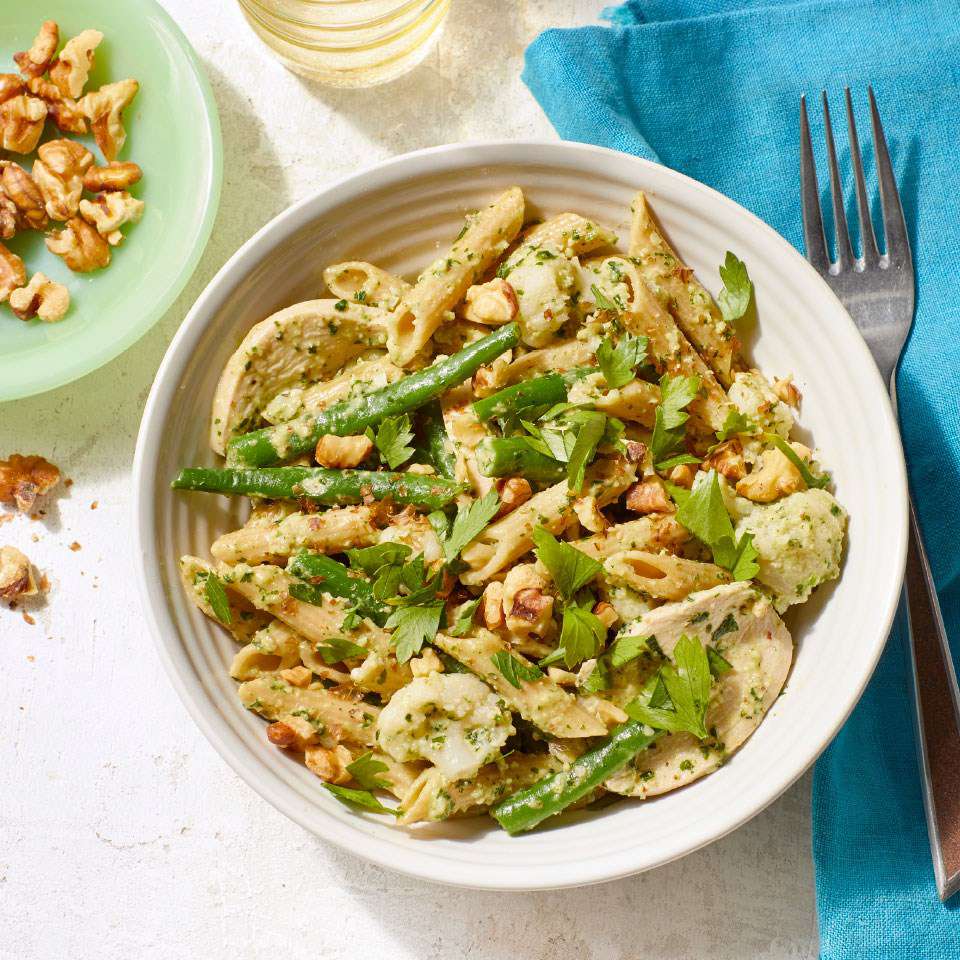 Chicken and Vegetable Penne with Parsley-Walnut Pesto