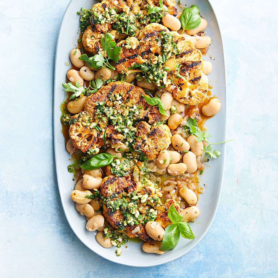 Grilled Cauliflower Steaks with Almond Pesto & Butter Beans
