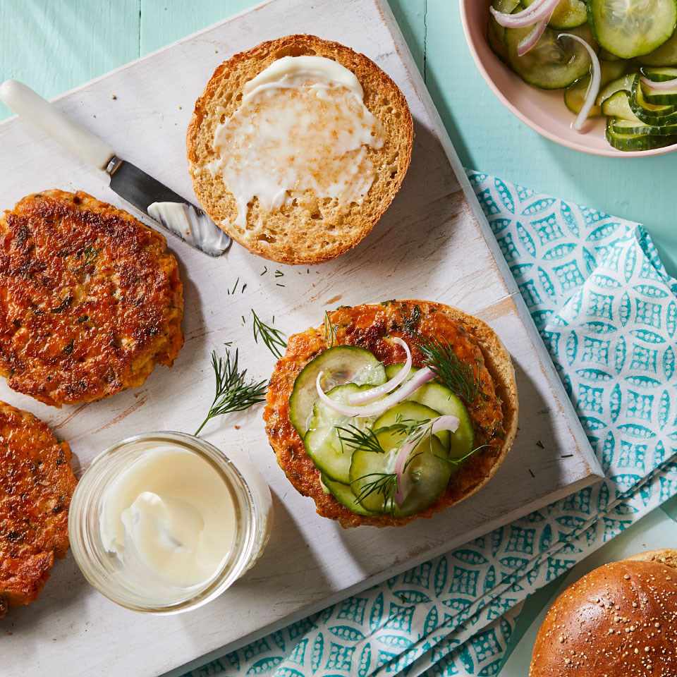 Salmon Burgers with Quick Pickled Cucumbers