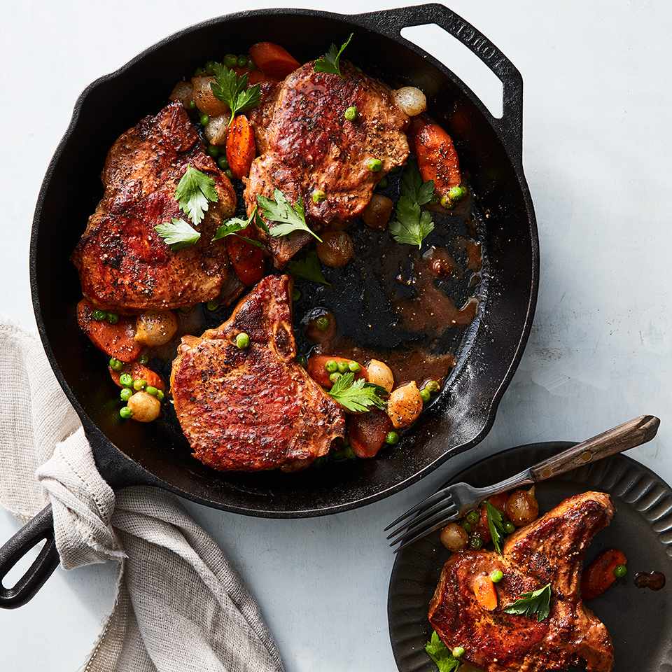 Skillet Pork Chops with Peas, Carrots & Pearl Onions 