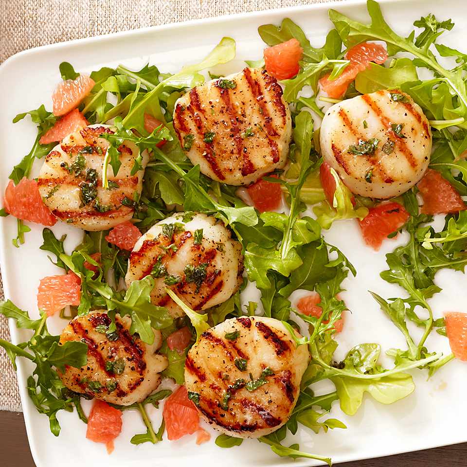 Skewered Scallops with Honey-Grapefruit Drizzle 