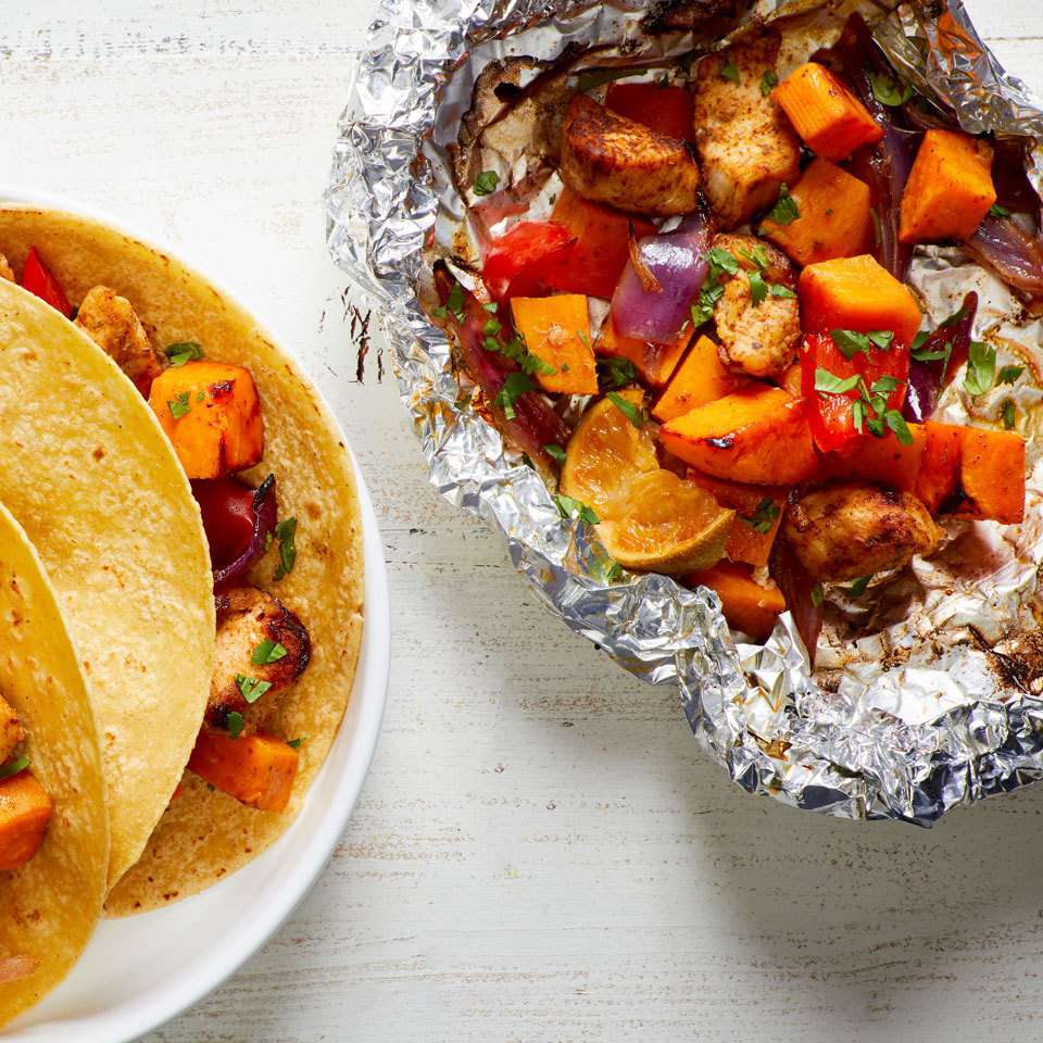 Chicken & Sweet Potato Grill Packets with Peppers & Onions 