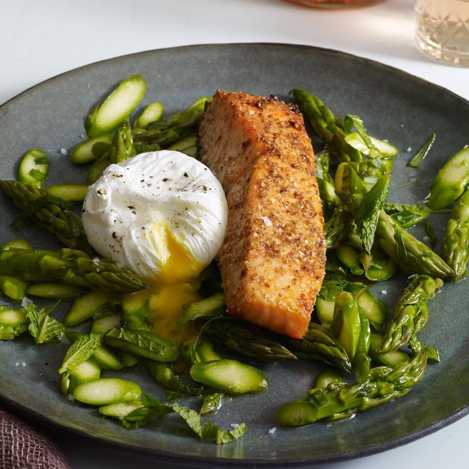 Coriander-&amp;-Lemon-Crusted Salmon with Asparagus Salad &amp; Poached Egg