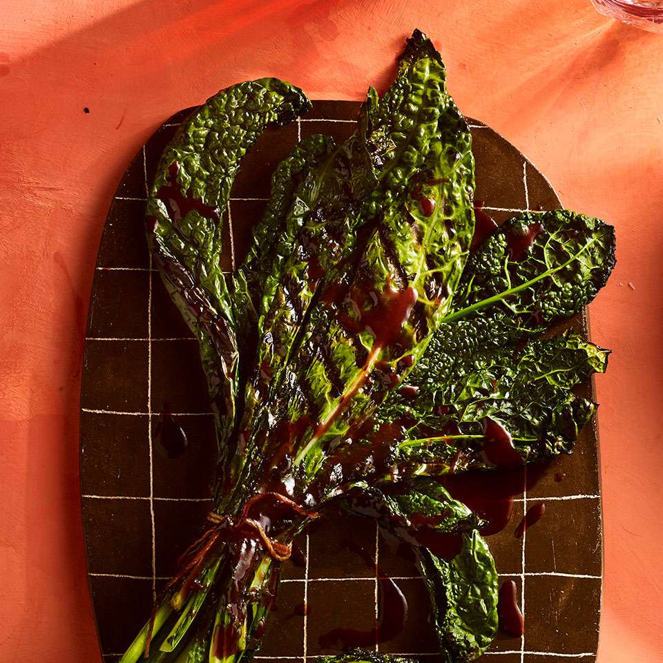 Grilled Kale Bundles with Sour Cherry-Chipotle Drizzle 