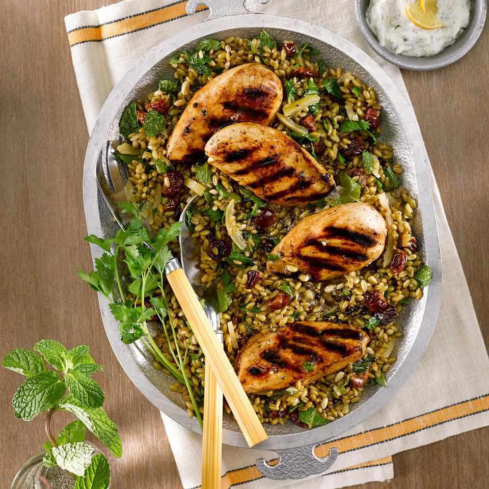 Grilled Chicken Salad with Freekeh, Preserved Lemon & Dried Cherries 