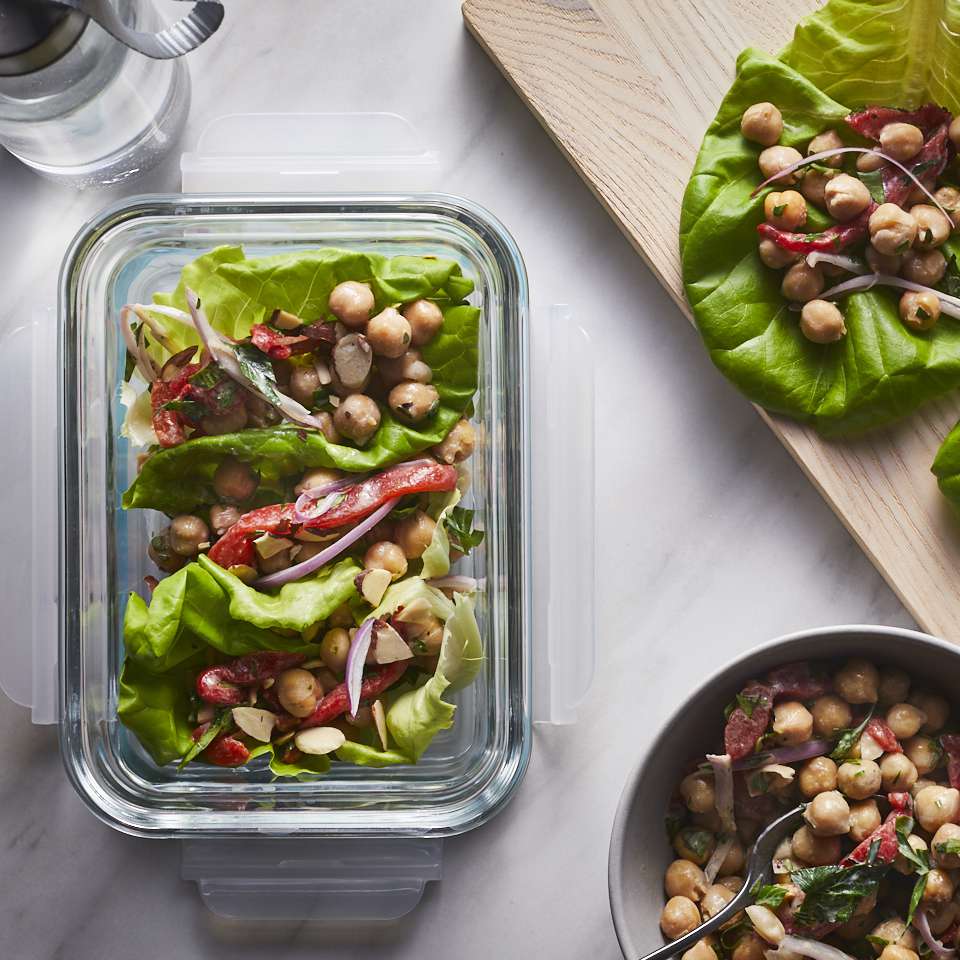 Chickpea & Roasted Red Pepper Lettuce Wraps with Tahini Dressing