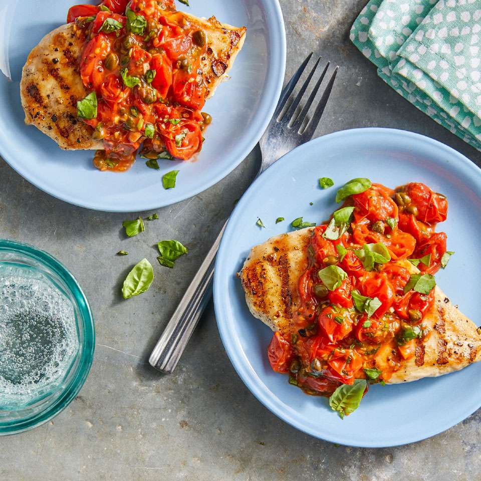 Grilled Chicken Breasts with Tomato-Caper Sauce 