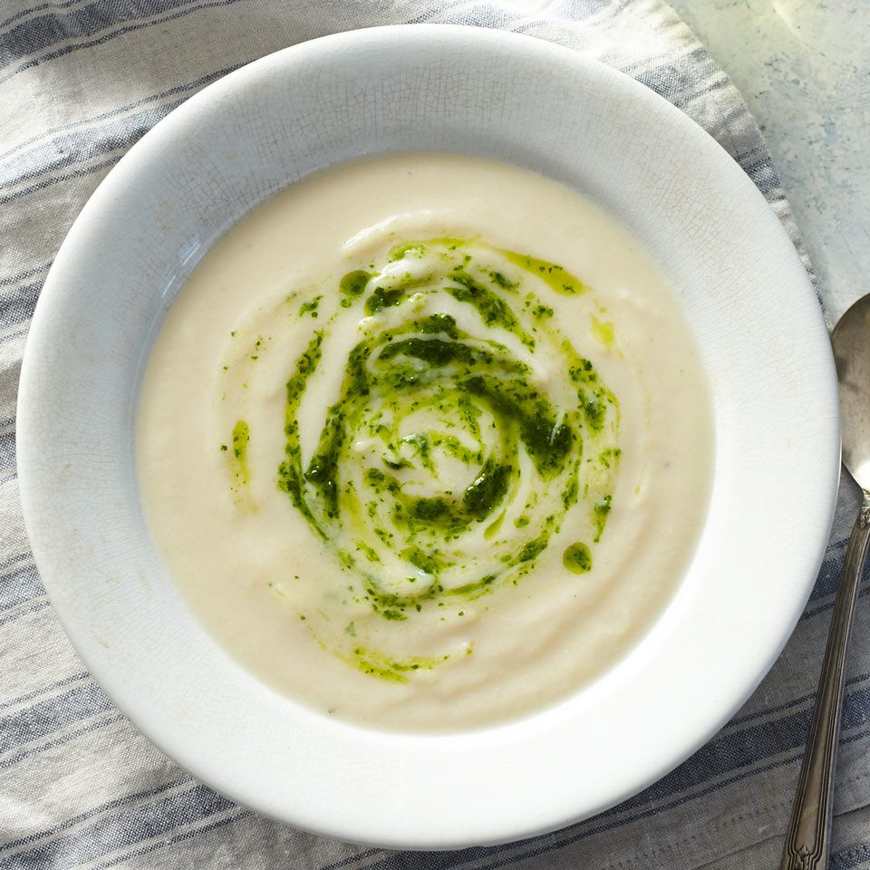 Roasted Vegan Cauliflower Soup with Parsley-Chive Swirl 