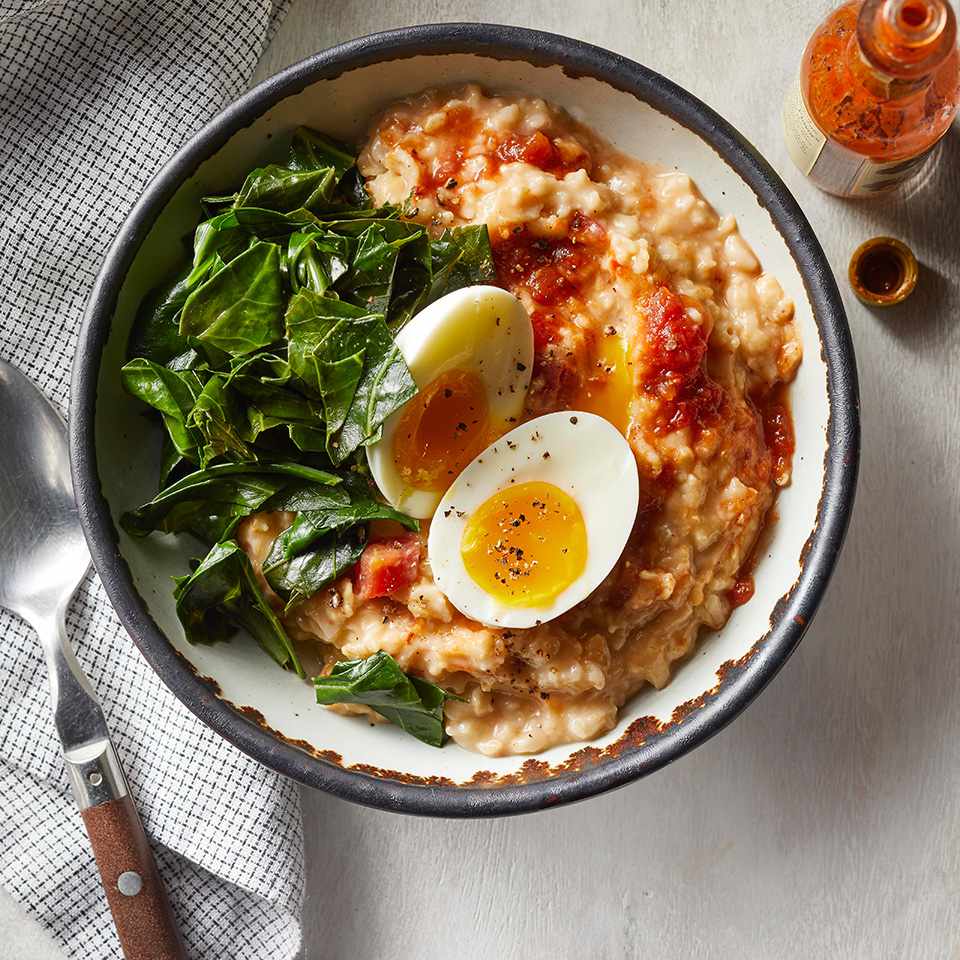 Savory Oatmeal with Cheddar, Collards & Eggs 