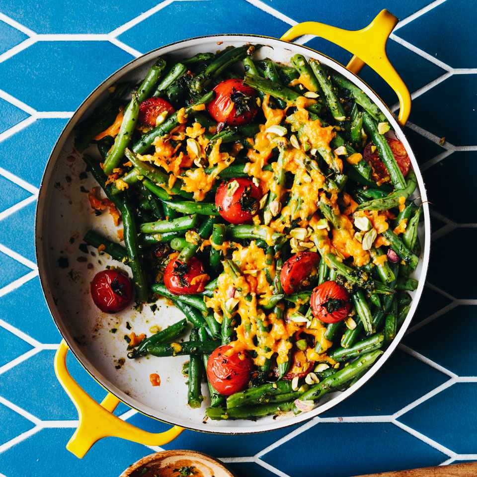 Tomato &amp; Green Bean Casserole with Spicy Herb Pesto