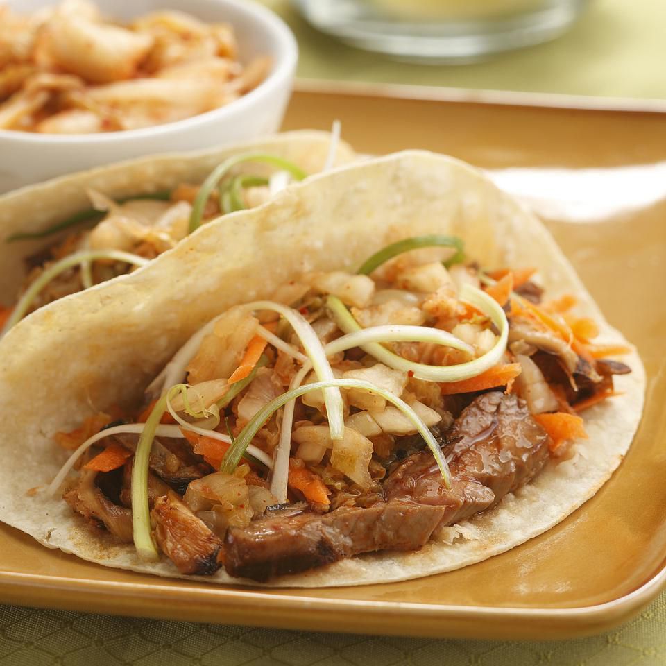 Korean Steak &amp; Mushroom Tacos with Kimchi