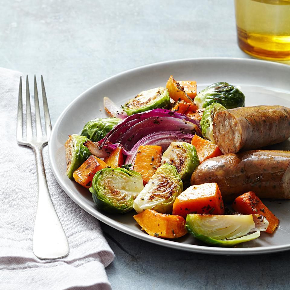 roasted autumn vegetables & chicken sausage for two