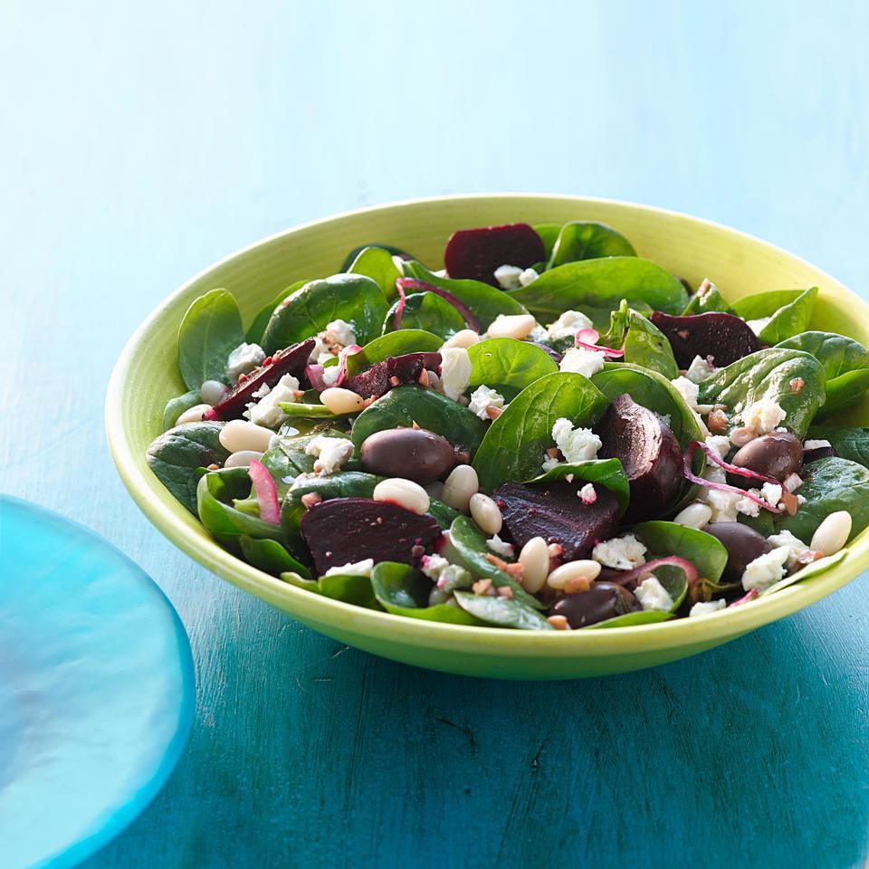 Spinach Salad with Beets, Beans & Feta