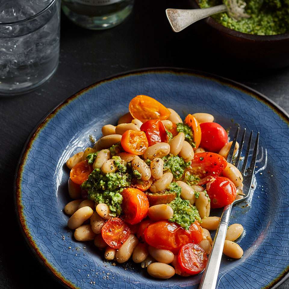 White Beans & Tomatoes with Kale Pesto 
