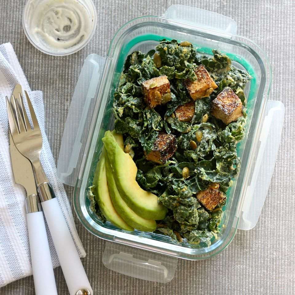 Vegan Kale Caesar Salad with Tofu Croutons 