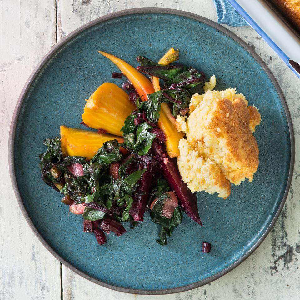Southern Beets & Greens with Chevre Spoonbread