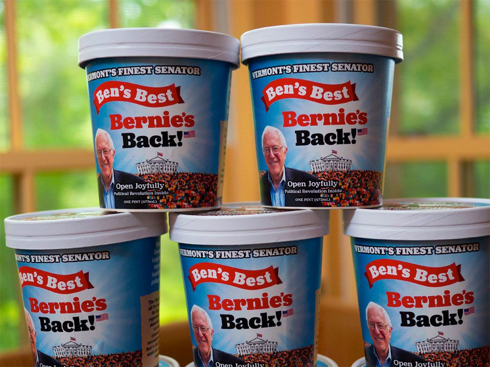 several pint sized containers of Ben's Best Bernie's Back! Bernie Sanders themed ice cream