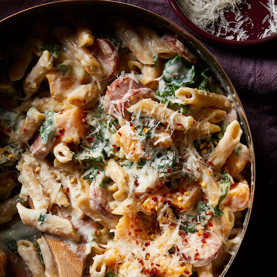 Penne Pasta with Sausage, Butternut Squash &amp; Chard
