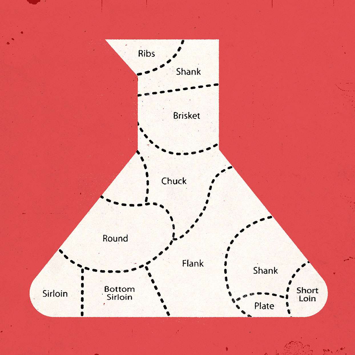 Illustration of a beaker shape with different cuts of meat words in designated areas within that shape