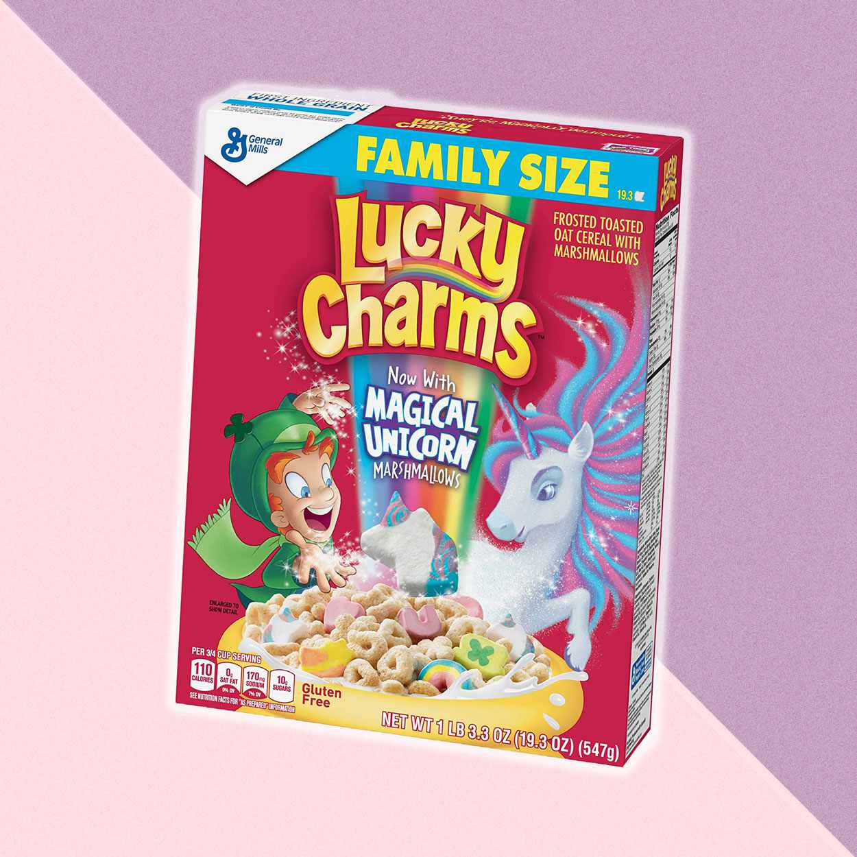 Lucky Charms with Magical Unicorn marshmallows cereal box