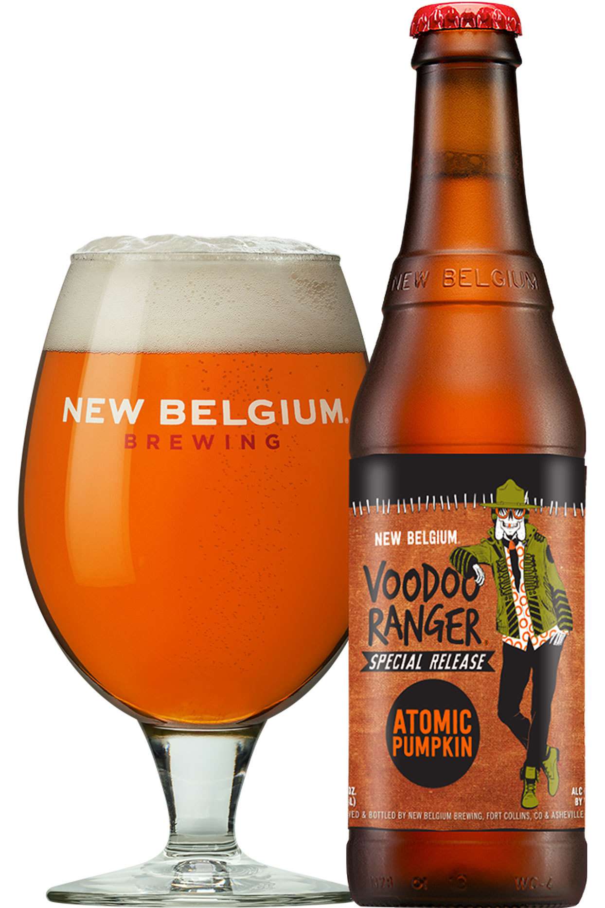 New Belguim Voodoo Ranger Special Release Atomic Pumpkin beer in bottle and glass