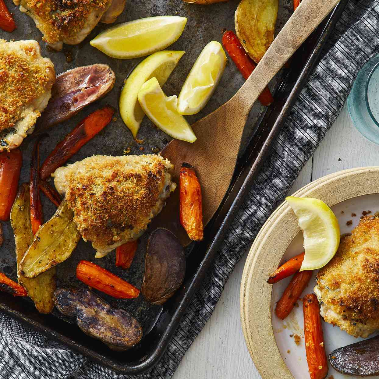 Crispy Lemon-Garlic Chicken Thighs with Roasted Potatoes and Carrots
