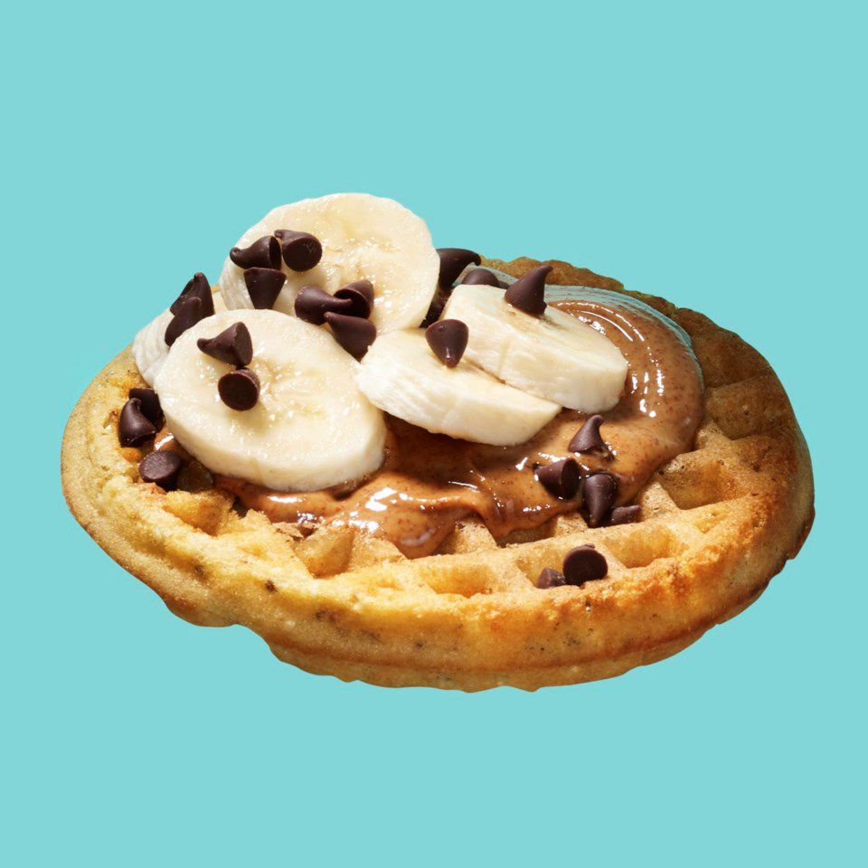 frozen waffle with peanut butter, bananas and chocolate chips