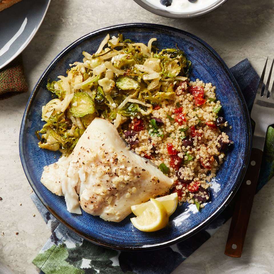 Baked Halibut with Brussels Sprouts & Quinoa