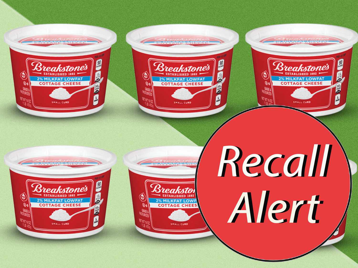Tubs of Breakstone's Cottage Cheese with Recall Alert sticker overlaying image