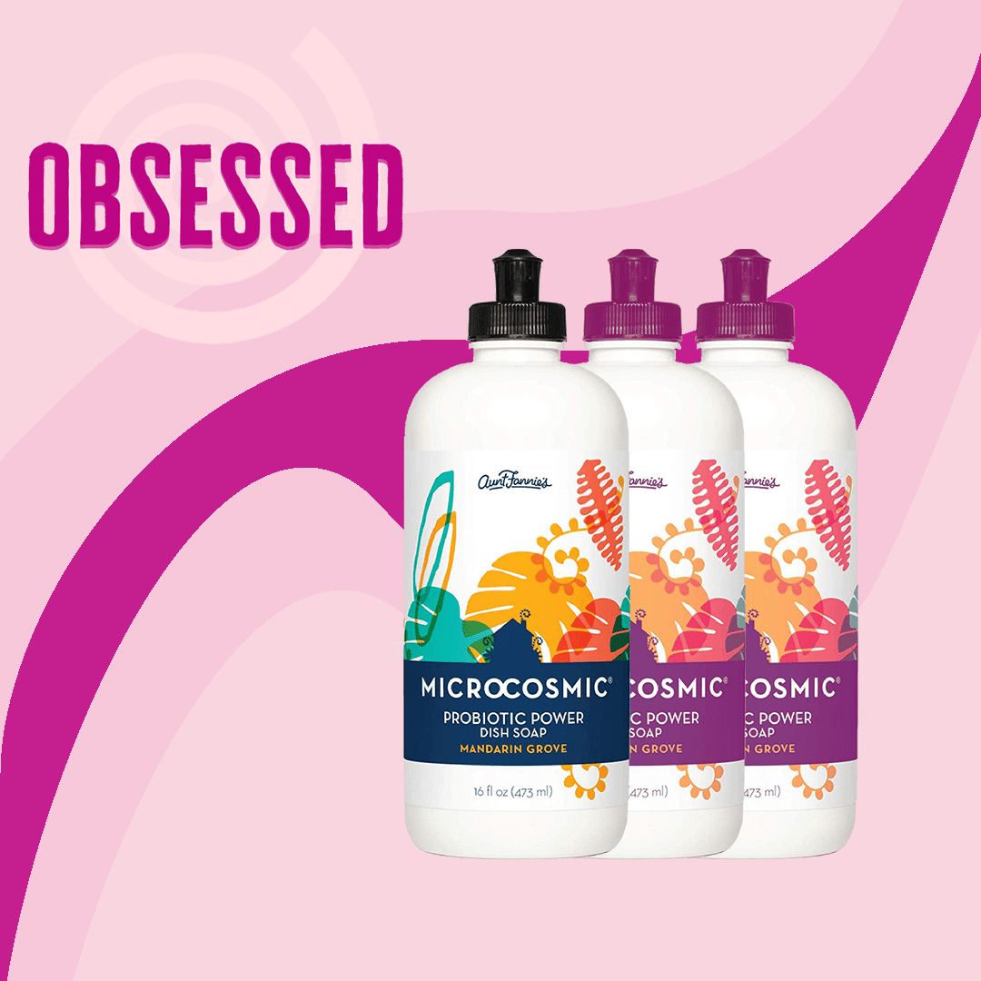 bottles of Microcosmic Probiotic Power Dish Soap with graphic background and the word "Obsessed"