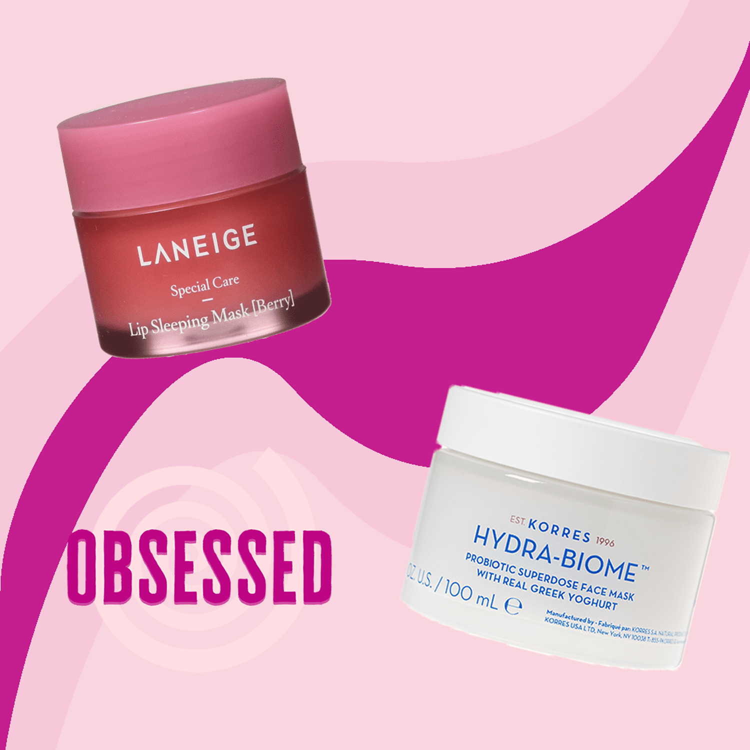 2 skin care pots with a graphic background and the word "Obsessed"