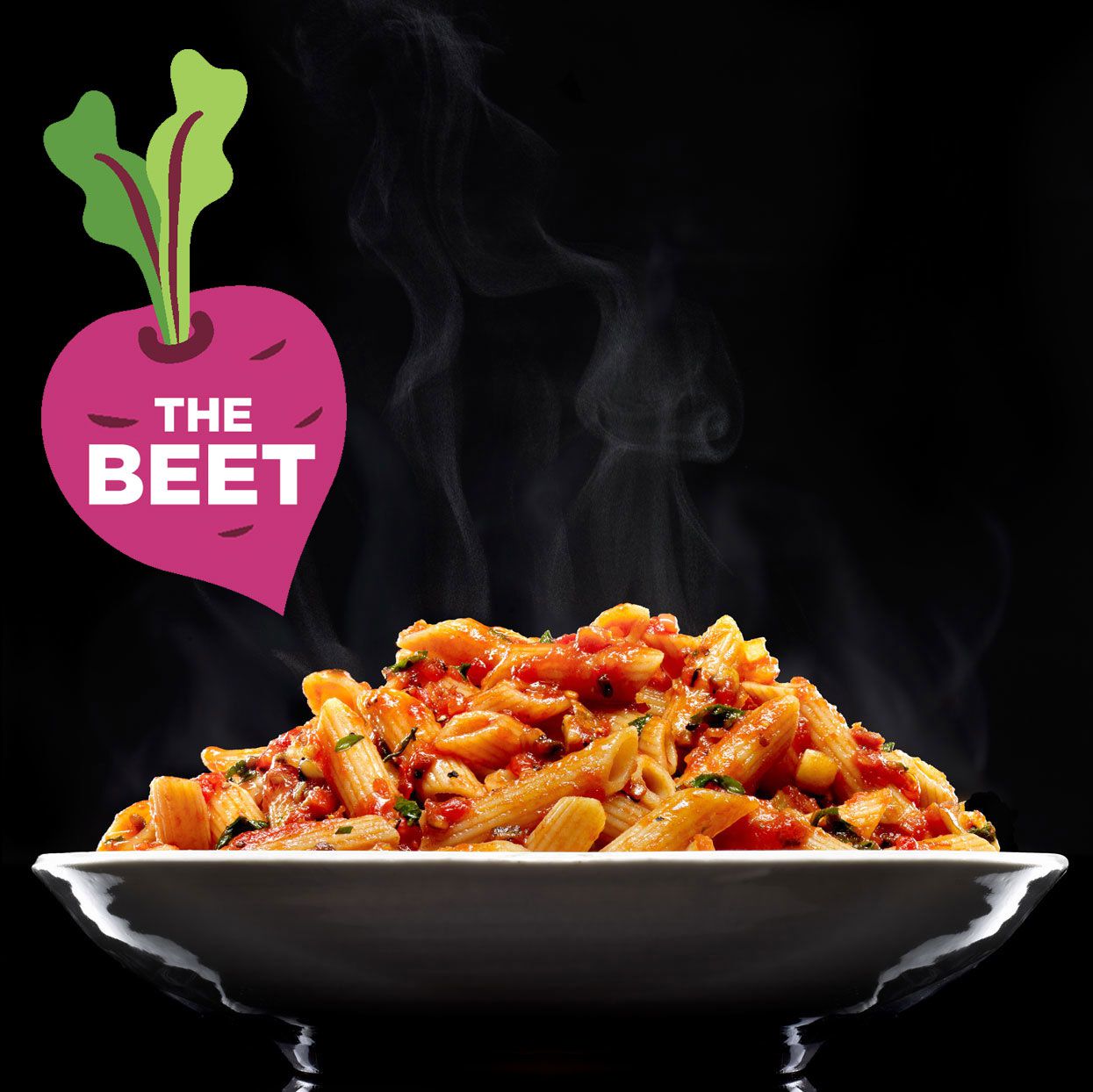 full bowl of pasta with "The Beet" logo on top