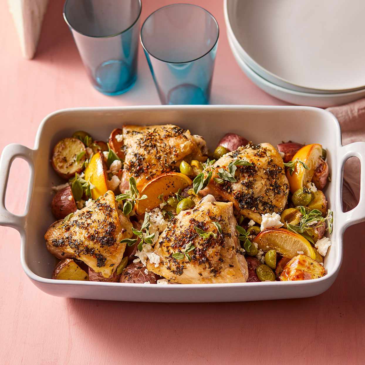 Herb-Roasted Chicken with Potatoes, Olives & Feta