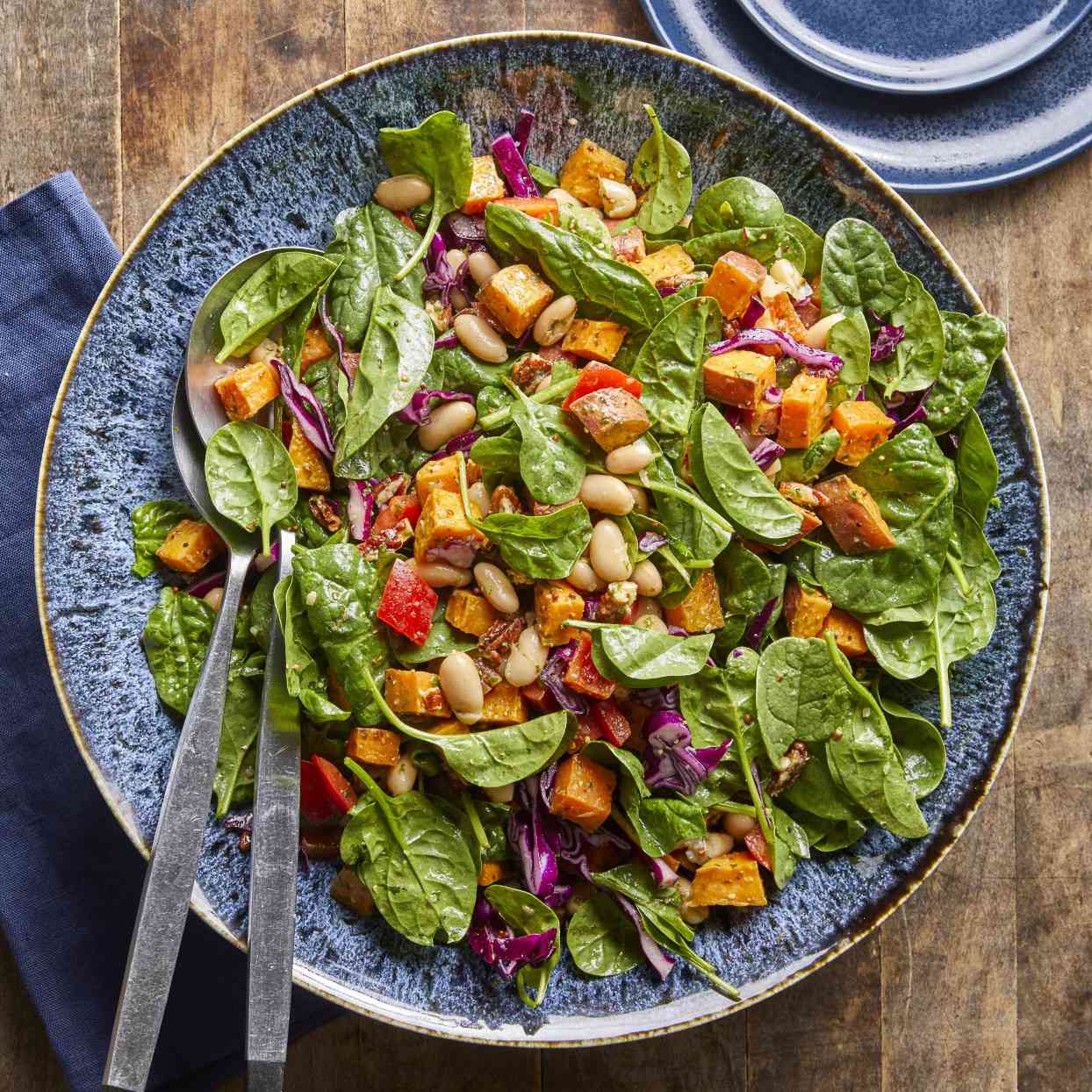 Spinach Salad with Roasted Sweet Potatoes, White Beans & Basil Vinaigrette