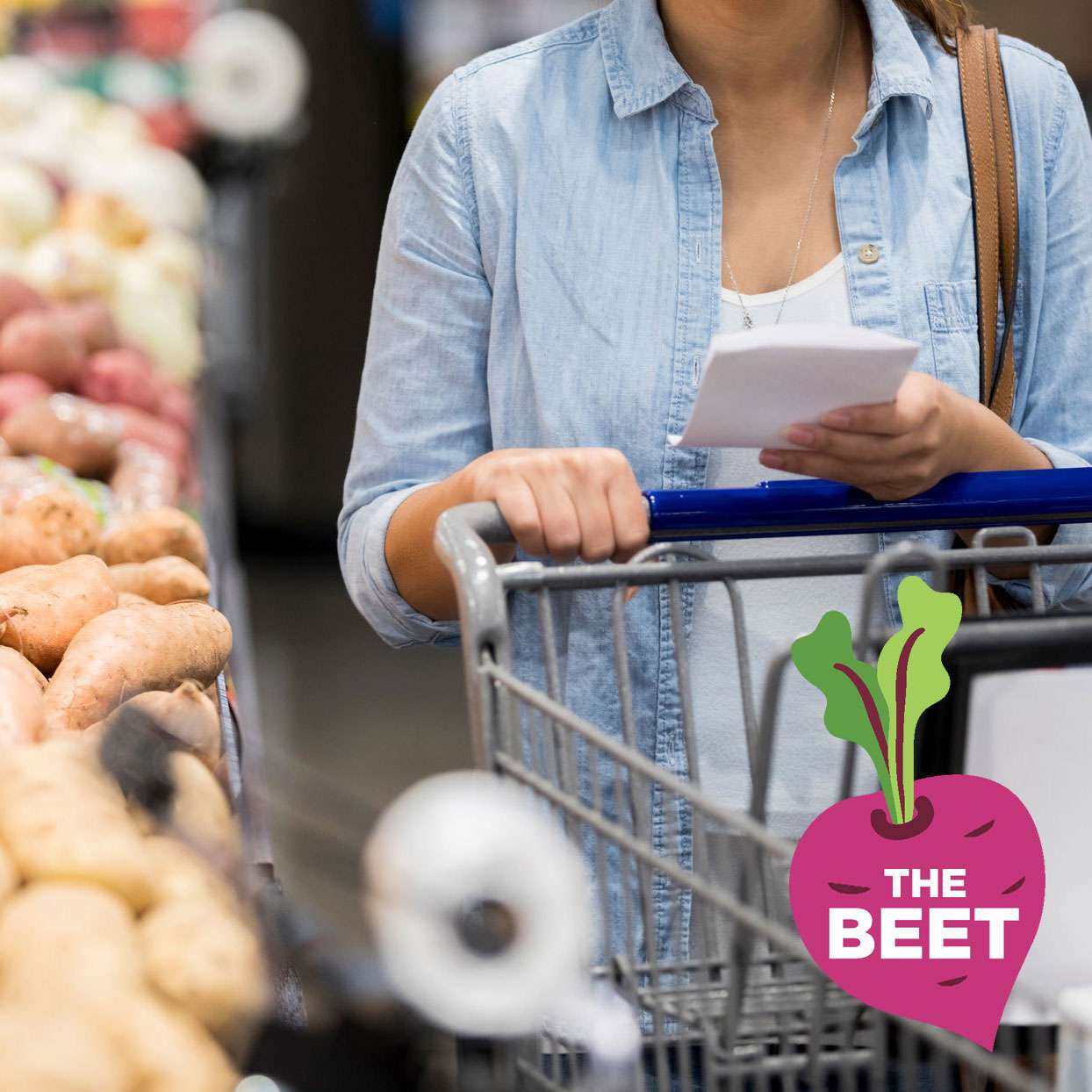photo of a woman grocery shopping and "The Beet" logo