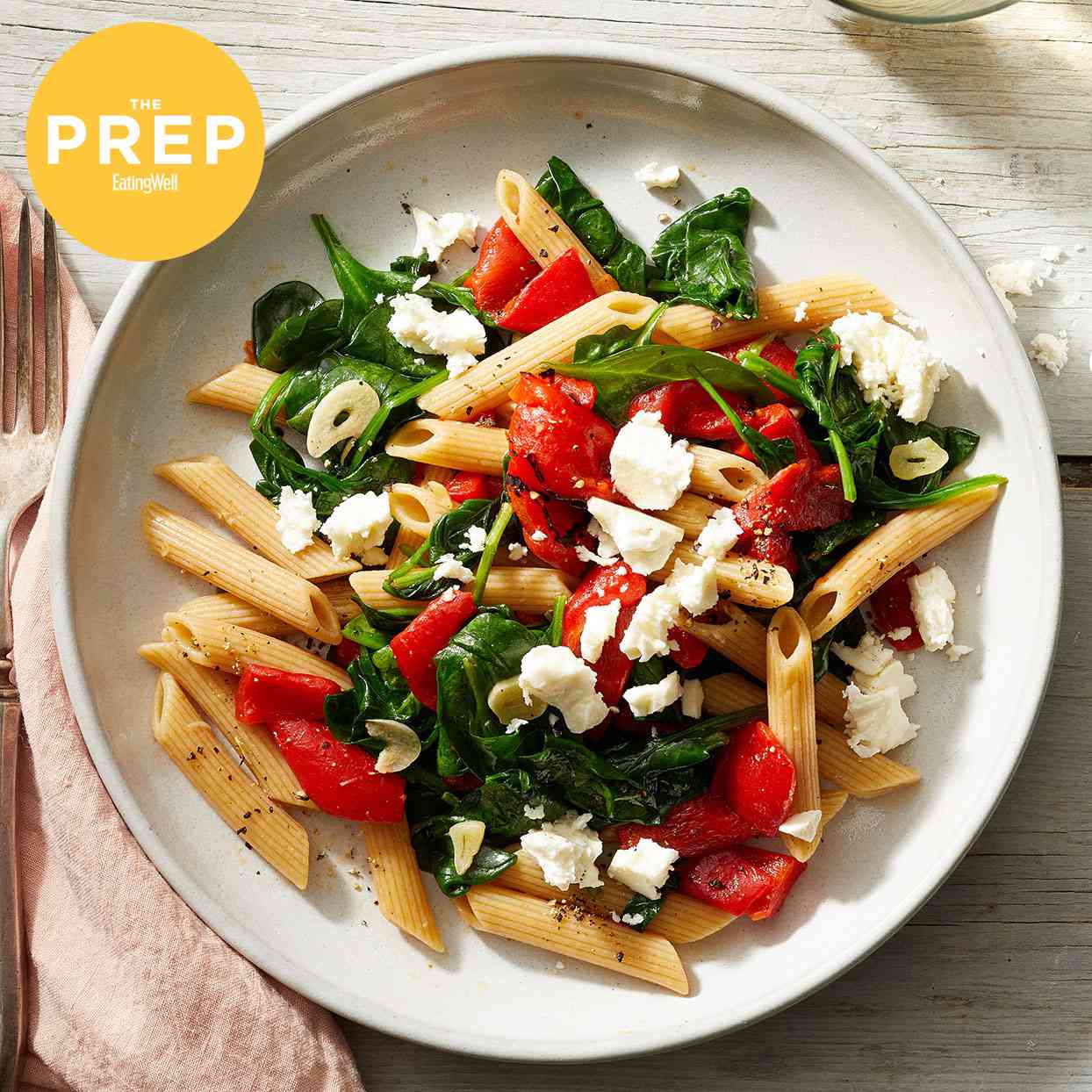 Roasted Red Pepper Spinach Feta Penne with EatingWell's "ThePrep" logo