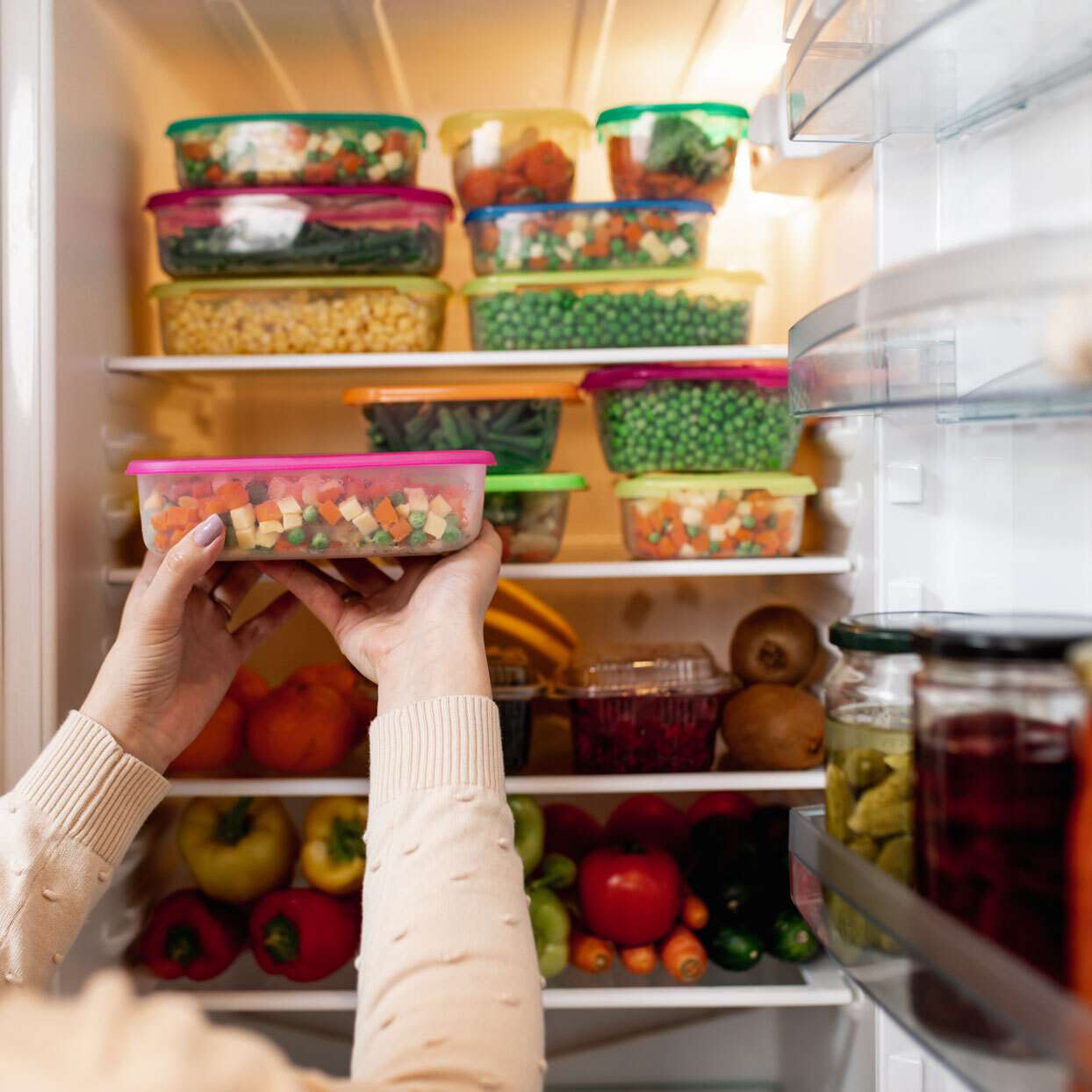 woman adding food to fridge