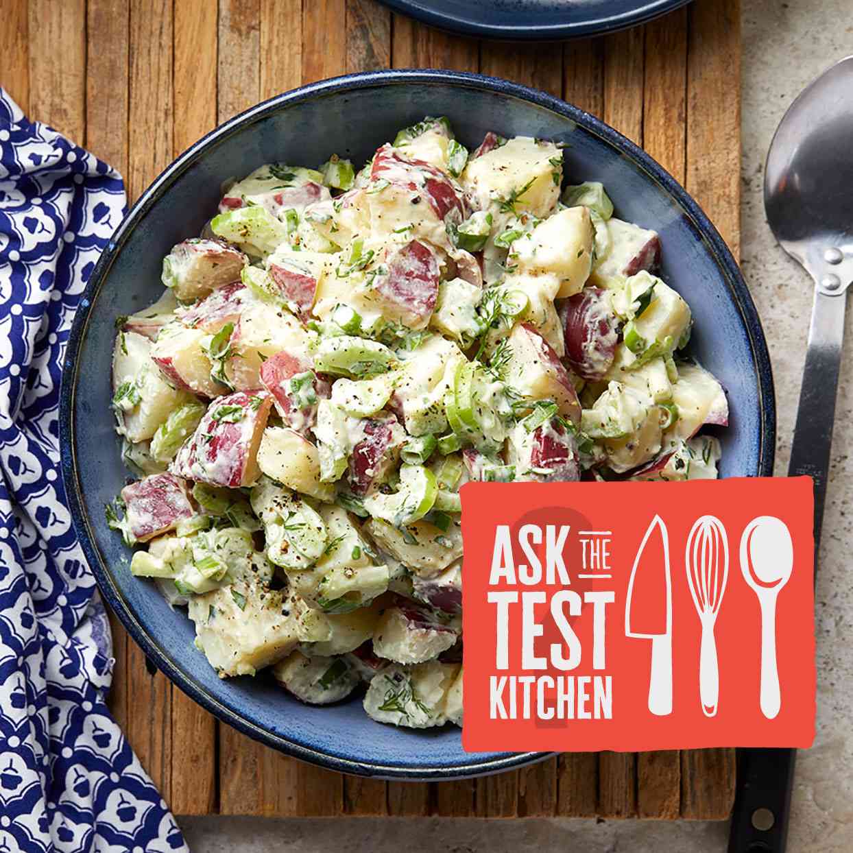 bowl of potato salad with Ask the Test Kitchen logo
