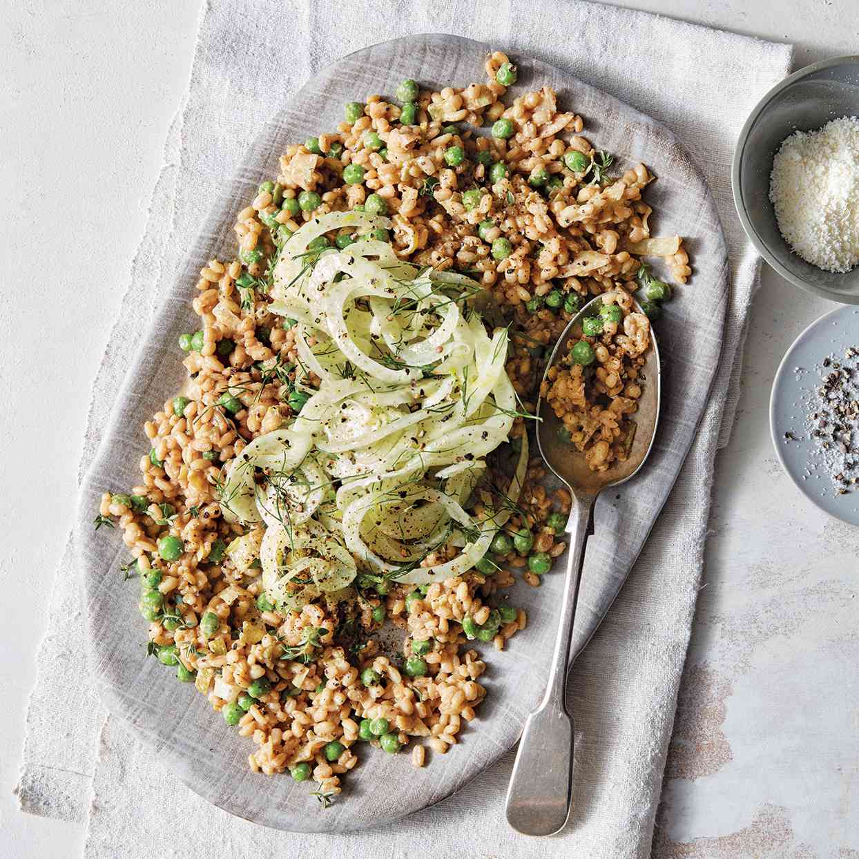 Slow-Cooker Parmesan & Pea Farro with Fennel Salad
