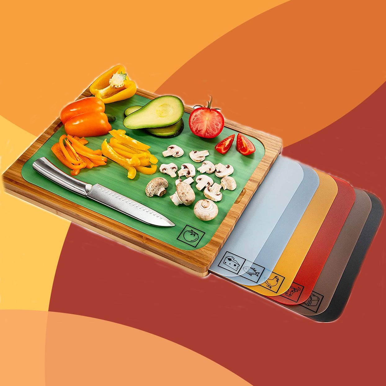 cutting board with veggies on fall background