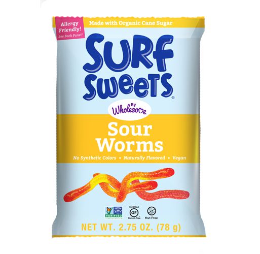 package of Surf Sweets sour worms on a white background