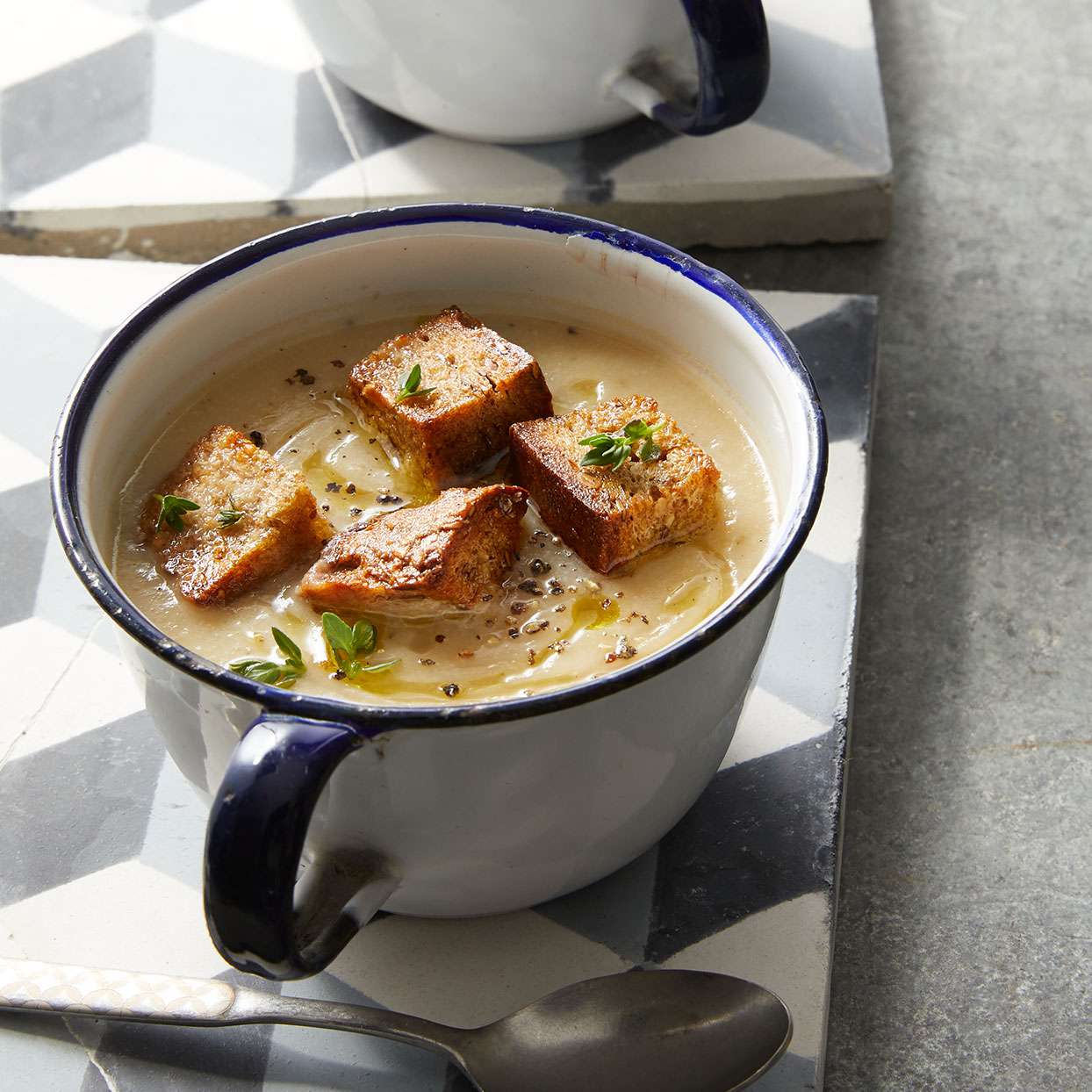 Cauliflower & White Bean Soup with Herb Croutons 