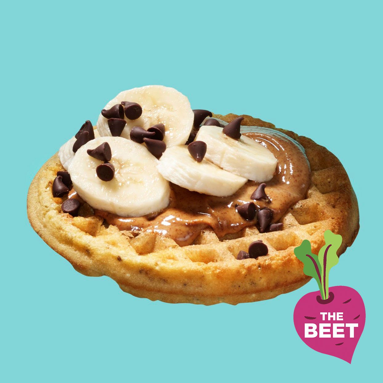 frozen waffle with peanut butter banana and chocolate chips on blue background with the beet logo